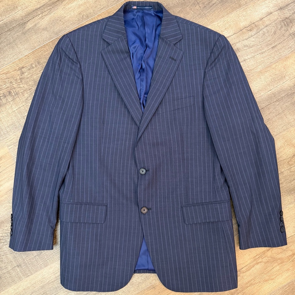 Hart Schaffner Marx Men 40R Suit Jacket Blazer Blue Stripe USAUnion Worsted Wool